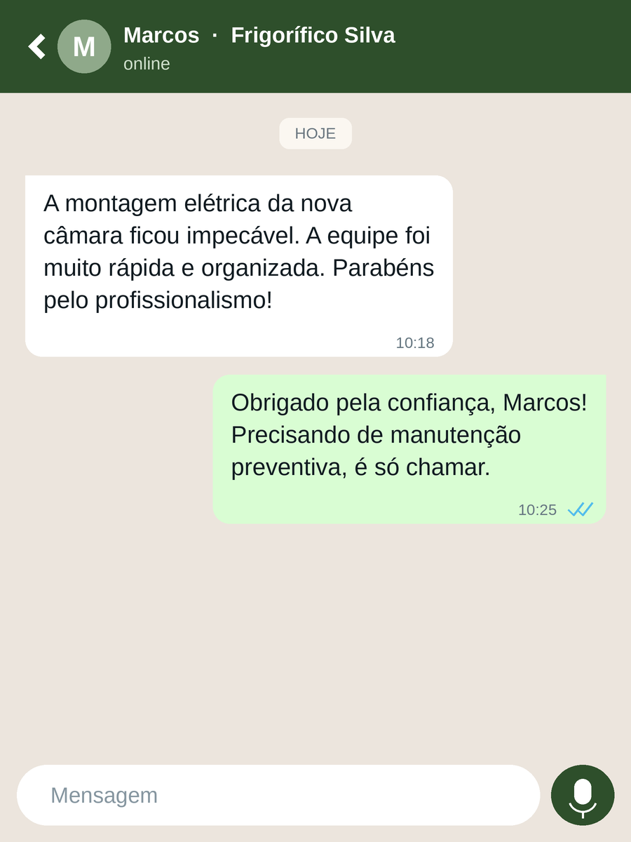 Conversa de WhatsApp com Marcos, do Frigorífico Silva. Marcos: “A montagem elétrica da nova câmara ficou impecável. A equipe foi muito rápida e organizada. Parabéns pelo profissionalismo!” Set Point: “Obrigado pela confiança, Marcos! Precisando de manutenção preventiva, é só chamar.”